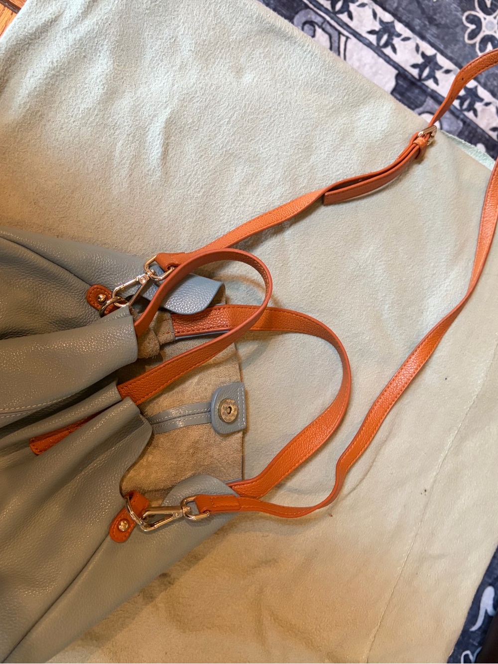 Light Blue Leather Tote with Tan Handles and Strap - Picture 3 of 3